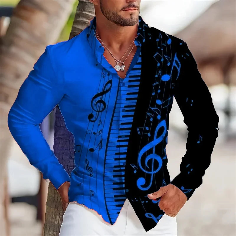 Summer Men's Long Sleeves Shirt with Musical Instrument Symbol Pattern Printed.