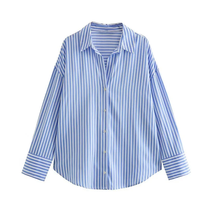 Women's spring new Europe-American fashion striped long sleeve lapel loose.