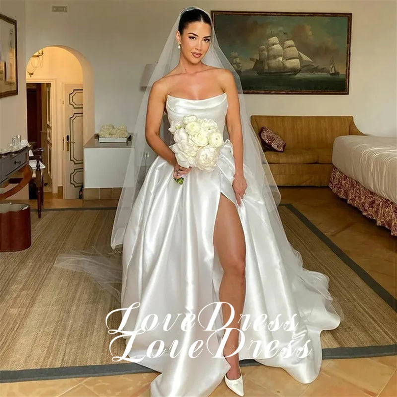 Women’s Customized Simple Stain Strapless Pleats A-Line High Side Slit Wedding Dress.