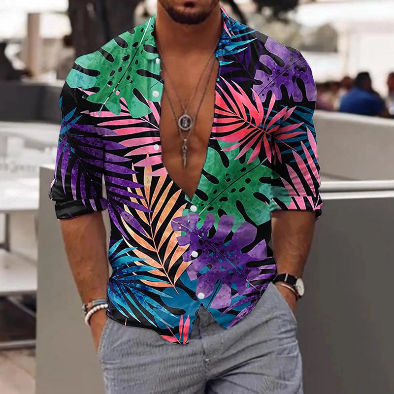 New Trend Men's Shirts Casual Floral Printed Lapel Button Long Sleeve.