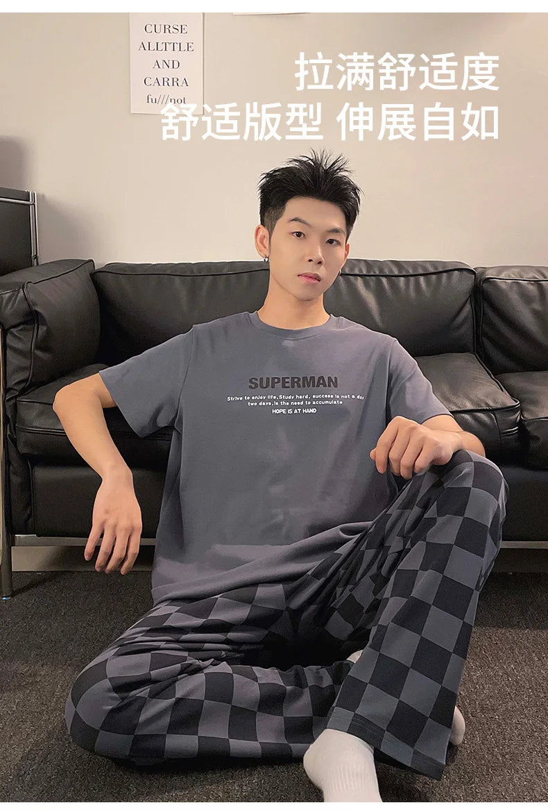 Summer Knitted Plaid Cool Mens Pyjamas Pajamas Casual Pjs Lounge Sets.