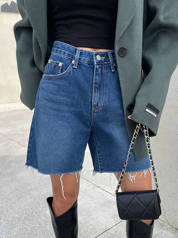 Summer High Waist Denim Shorts For Women Pockets Burrs Blue Color Short.