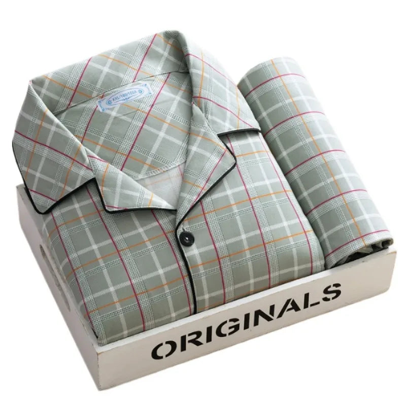 Men Pyjamas Fall and Winter Plaid Simple Sleepwear Homewear.