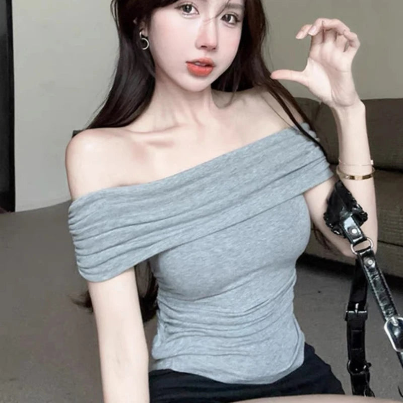 1pcs Girls Off-Shoulder T-shirt Women's Basic Fashion Tee Solid Ladys.