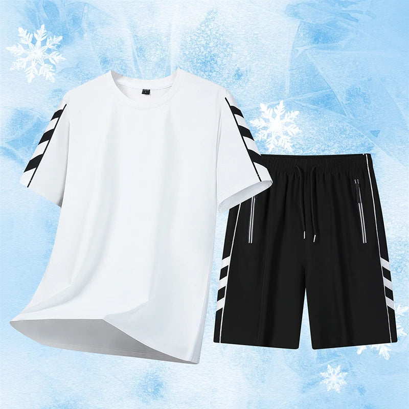 Summer Men's Outdoor Running Fitness Short Sleeved Shorts Ice Silk Set.
