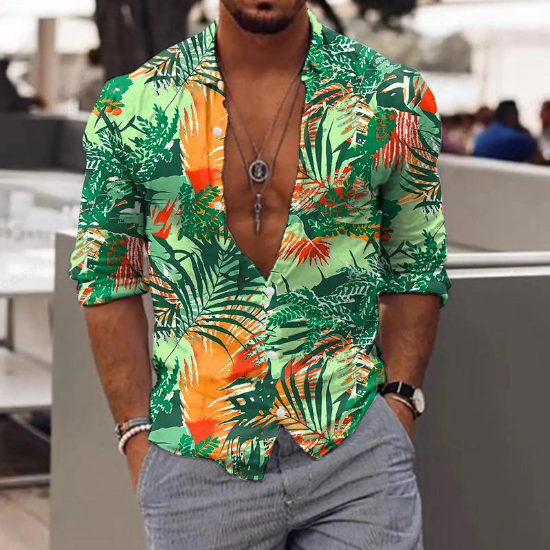 New Trend Men's Shirts Casual Floral Printed Lapel Button Long Sleeve.