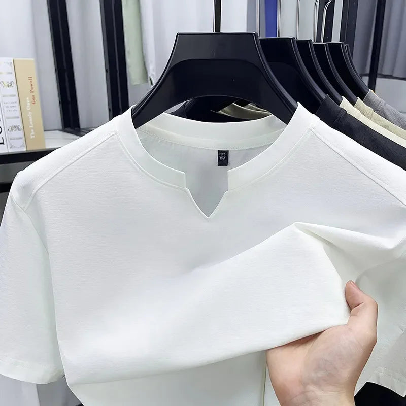 Korean Men's Casual and Fashionable Small V-neck Solid Color Short Sleeved T-shirt.