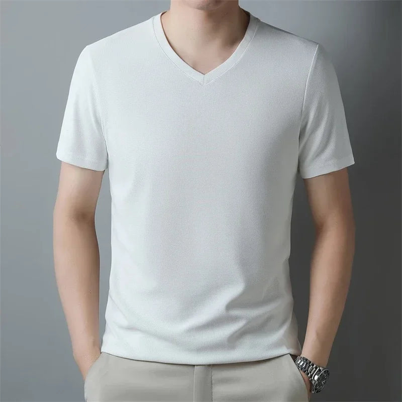 Men's New Waffle V Neck Short Sleeved T-shirt Summer Comfortable Top.