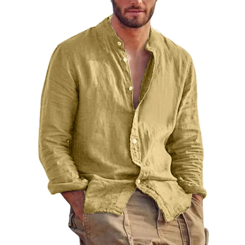 Sweatwear Men's Long Sleeve Shirt Linen Solid Color Shirts Trend Stand Collar.