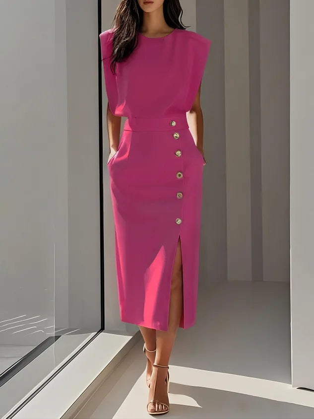 Fashion Women's Tank Dress Elegant Single Breasted Solid Casual.
