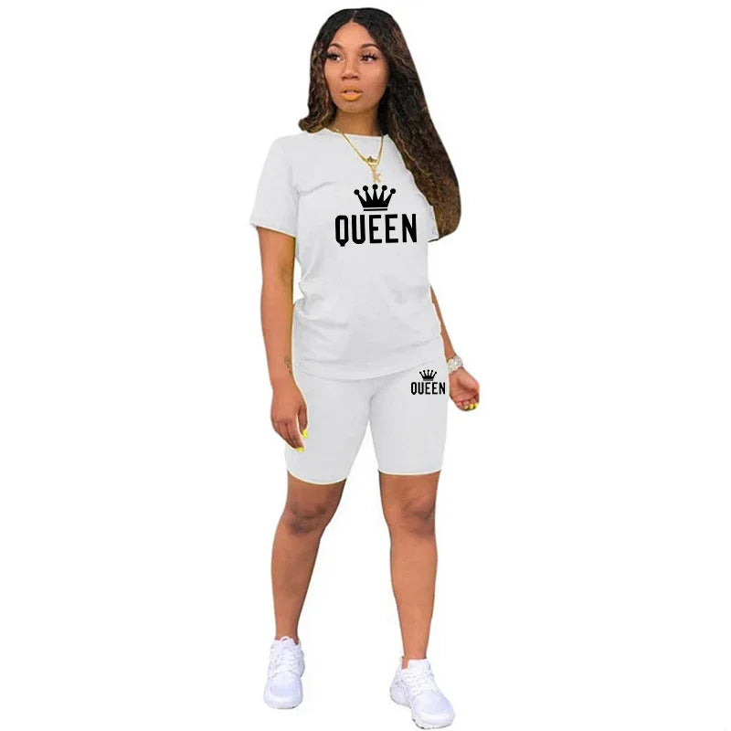 Summer Womens Tracksuit Queen Printing T-Shirt+Shorts 2 Piece Sets.