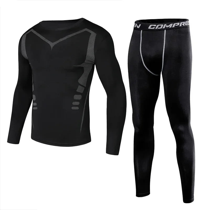 Men Sports Running Set Compression Shirt + Pants Skin-Tight Long Sleeves.