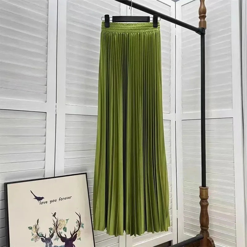 Women's Long Satin Metal Luster Pleated Skirt Half-length Accordion Skirt.