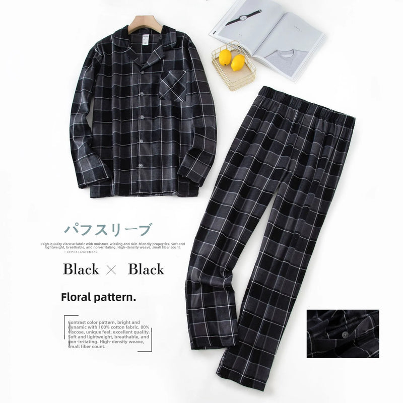 Men's Long Sleeve Plaid Velvet Set Autumn Winter Pajamas.
