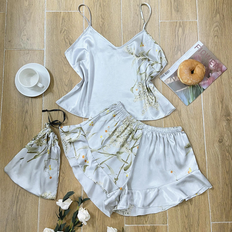 Women’s Elegant Floral Print Cami Tops Ruffle Hem Shorts Pajama Set.