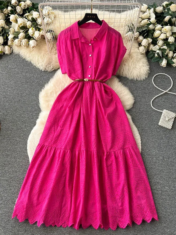 Women Summer Dress Loose Breasted Lace Up Long Dress.