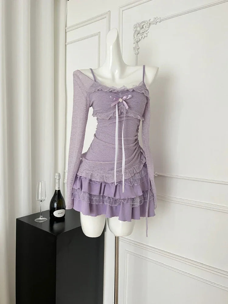 Korean Sexy Fashion Elegant 2 Piece Set Women Bow Lace Tops+Slim Fit Chic Dress.