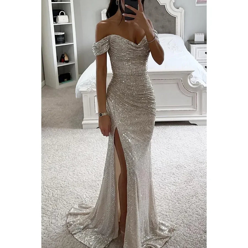 New Party Sequins One line Neck Split Dress INS Casual Versatile Fashionable Charming Slimming Dress.