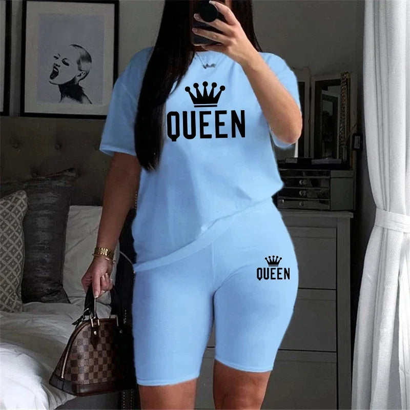 Summer Womens Tracksuit Queen Printing T-Shirt+Shorts 2 Piece Sets.
