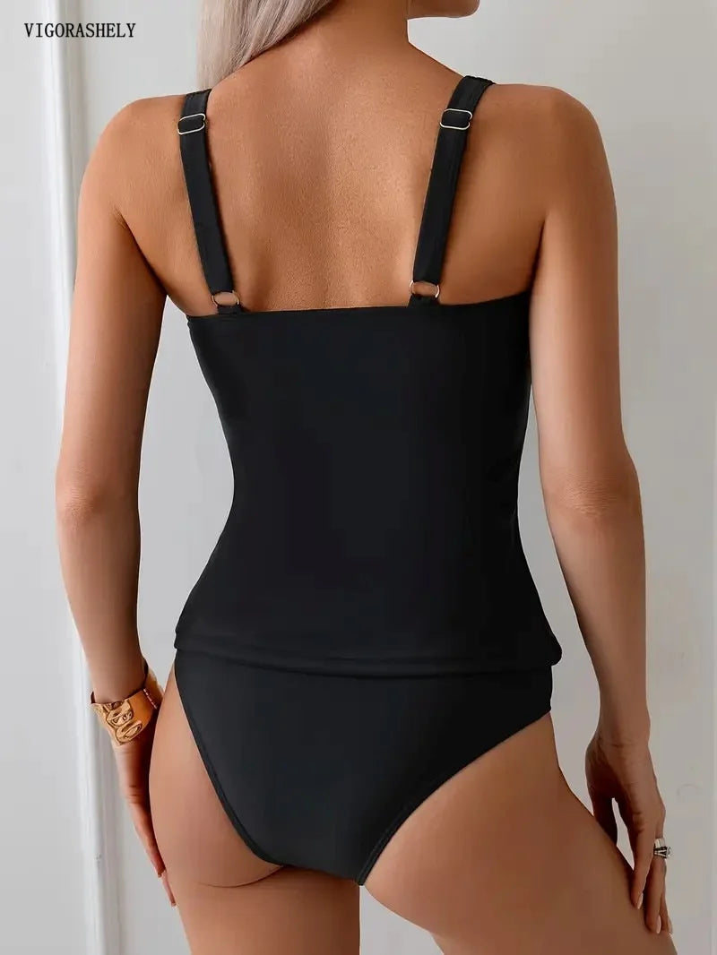 Vigorashely Vintage Solid Tankini Set Women Ruffle Straps Two Piece.