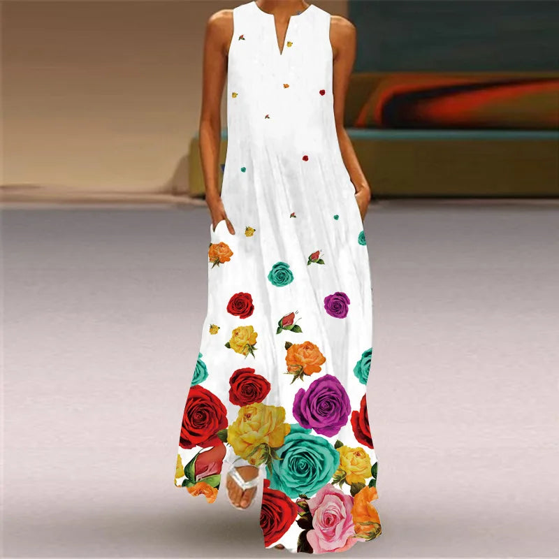3D Floral Printed Dress Summer Vintage V-neck Sleeveless Loose Maxi Dress Elegant.