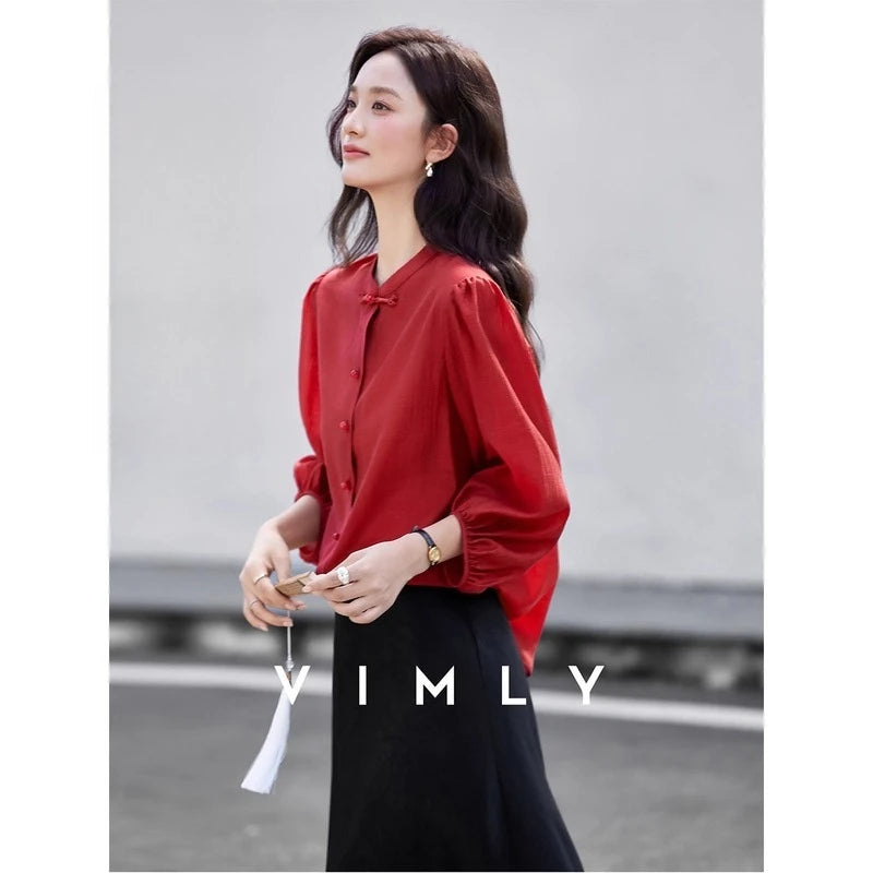 VIMLY Elegant Women Shirt Spring Autumn Chinese Style Lantern Sleeve.