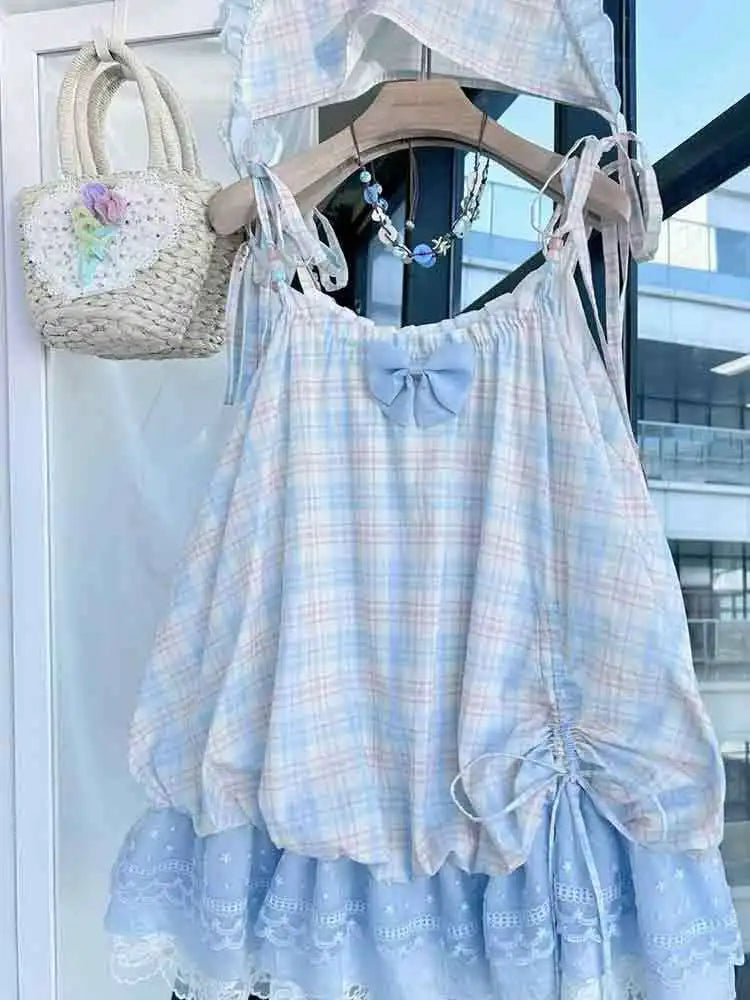 Women’s  Sweet Kawaii Y2k Min Dress Lolita Cute Sleeveless Floral Dress.