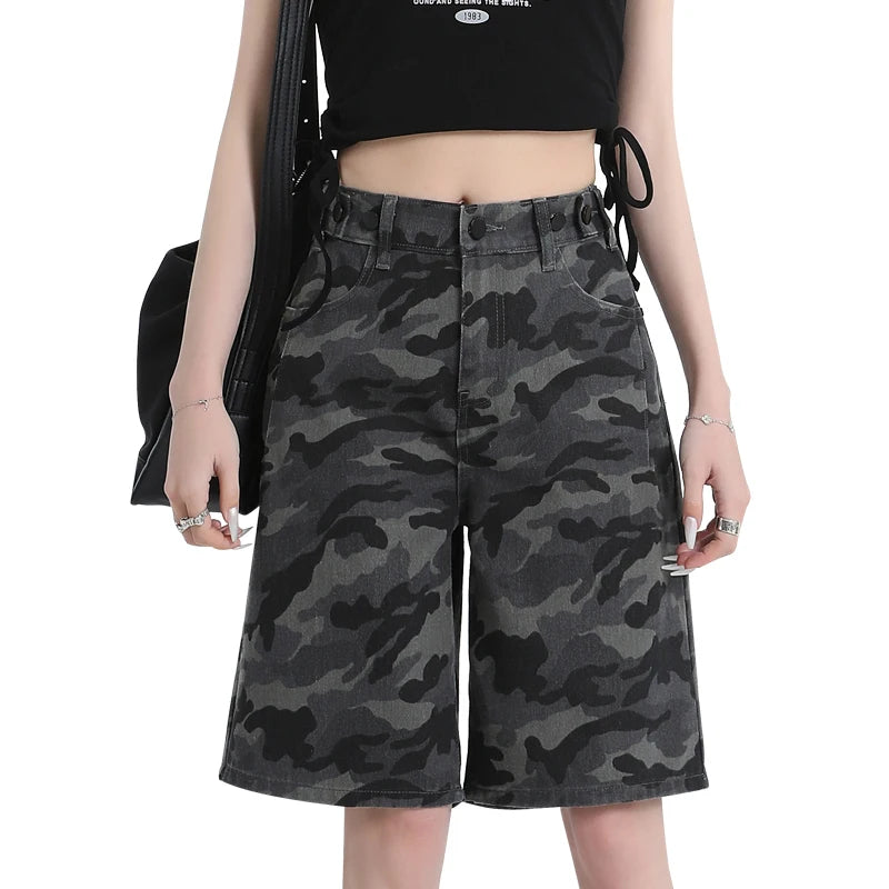 Women's High Waist Loose Straight Leg Camouflage Denim Shorts.