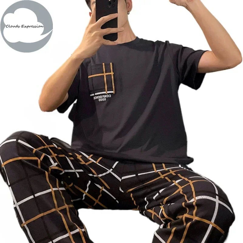 Summer Knitted Plaid Cool Mens Pyjamas Pajamas Casual Pjs Lounge Sets.