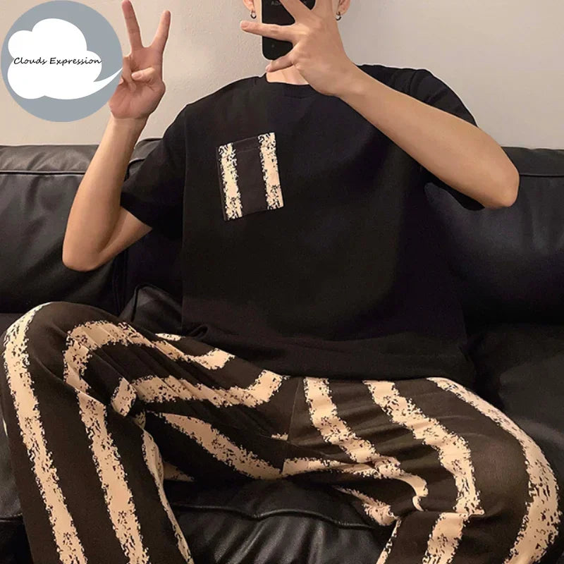 Summer Knitted Plaid Cool Mens Pyjamas Pajamas Casual Pjs Lounge Sets.