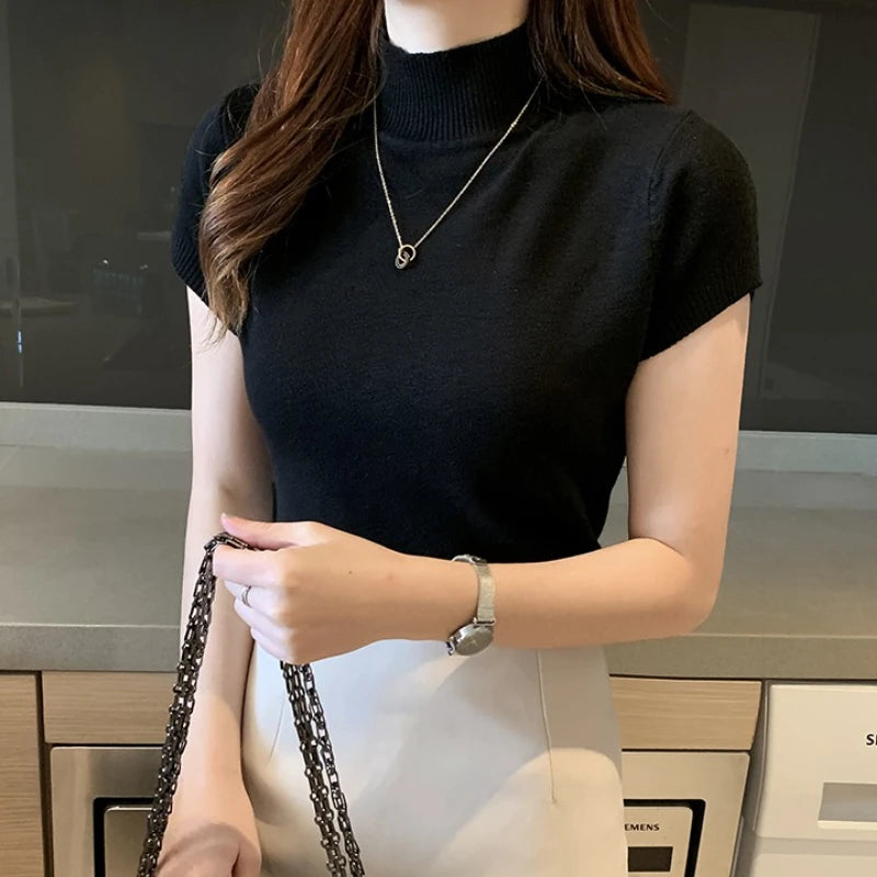 Half-High Neck T-Shirt Women's Fashion Jumper Casual Tops.