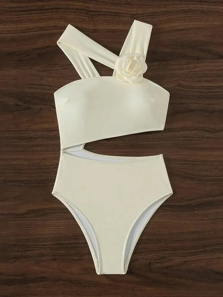 3D Flower Solid One-shoulder Swimwear Women Sexy Push UP Hollow One Piece.