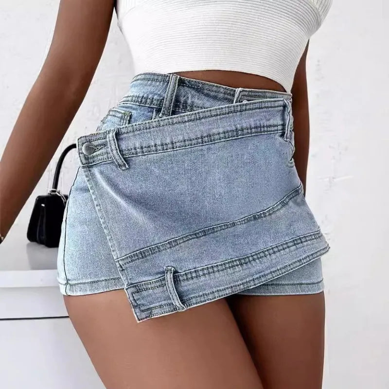 Fashion Irregular Splicing Women's Denim Shorts Summer High Waisted.