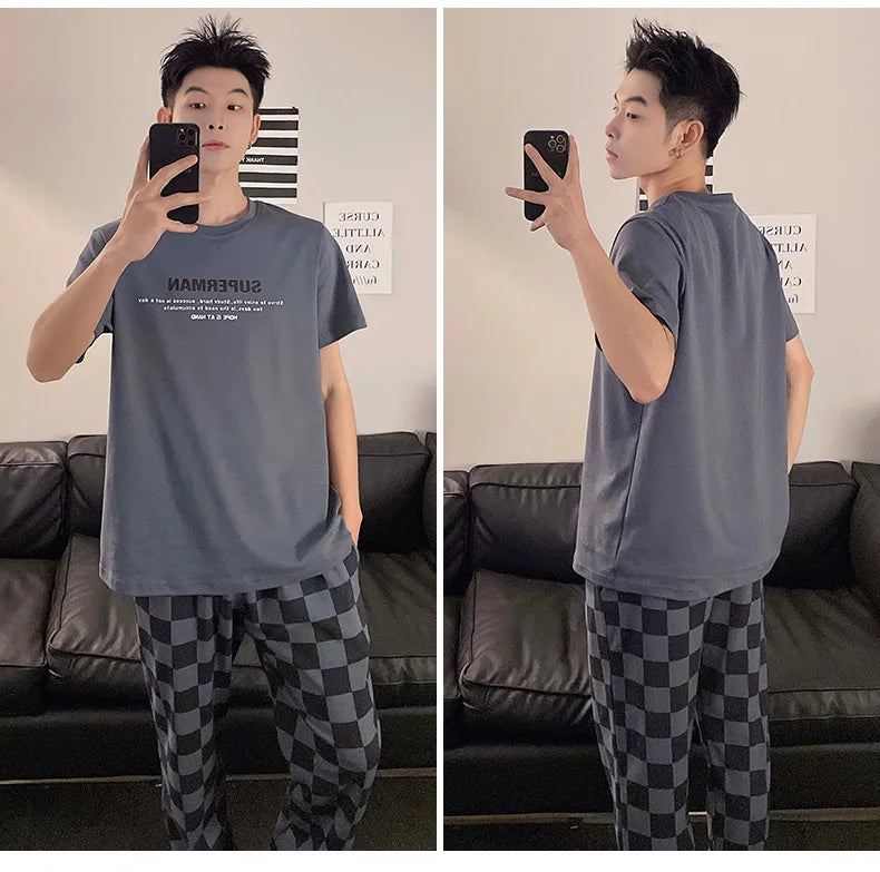 Summer Knitted Plaid Cool Mens Pyjamas Pajamas Casual Pjs Lounge Sets.
