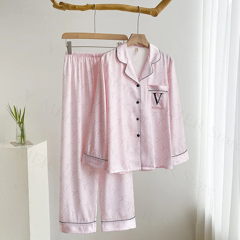 2PCS Pjs Sleepwear Women Summer New Pyjamas Suit Leopard Satin.
