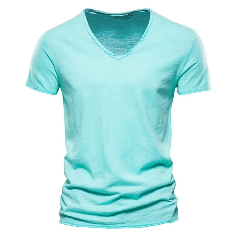 Spring Summer Cotton T Shirts Men Simple VNeck Stretch.