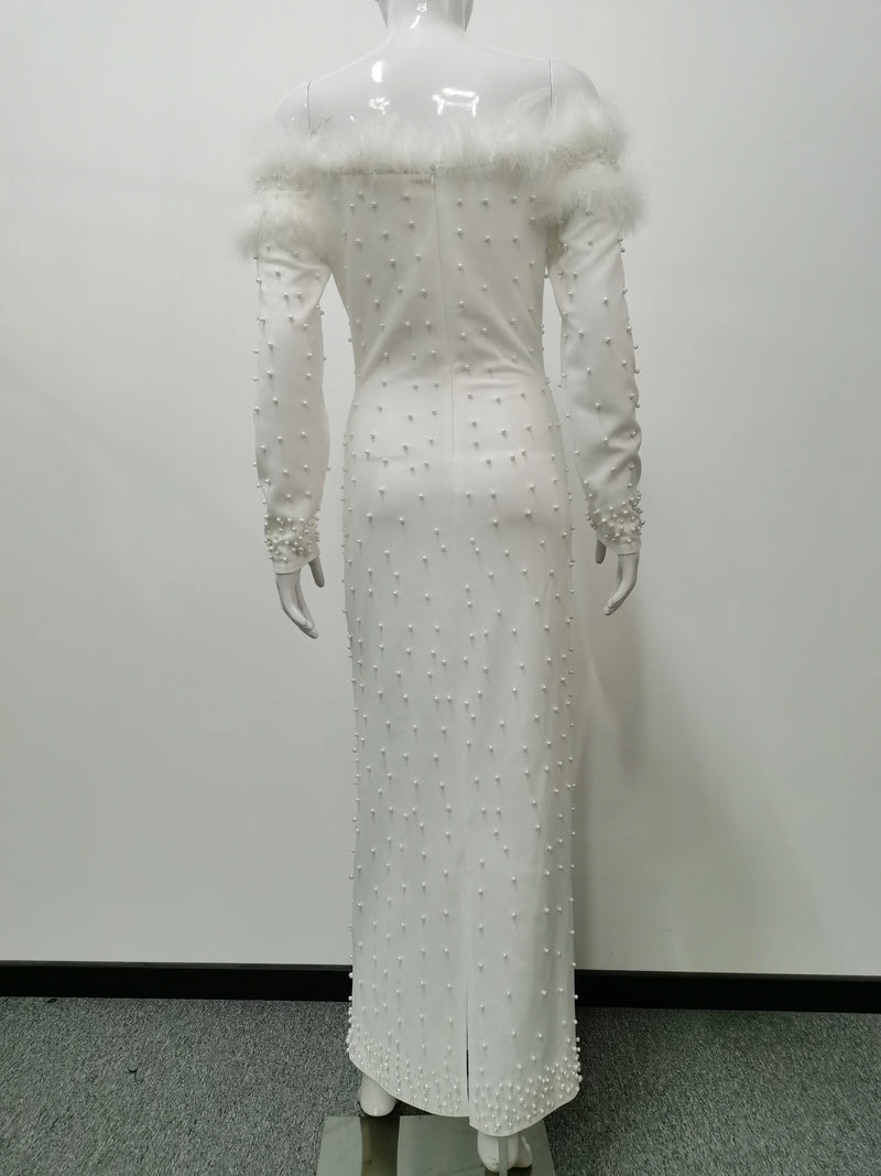 Feather White Dress Party Women Pearls Long Night Dresses.