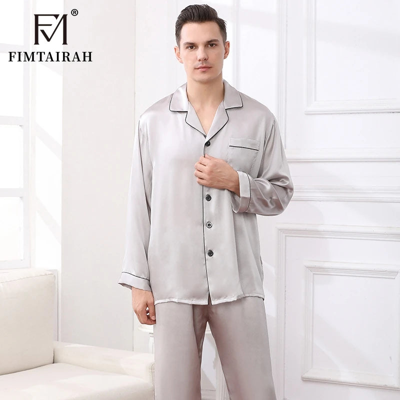 Men's Two Sets Sleepwear Summer Soft Long Sleeve  Home Wear  Mulberry Silk Pijimas.