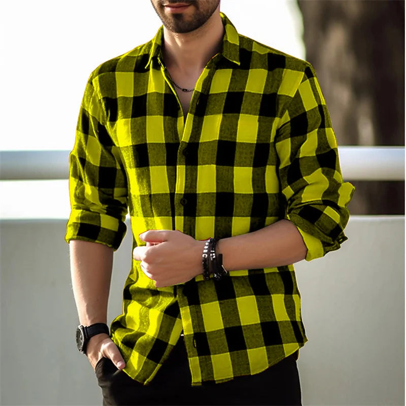Fashion Style Black And White Plaid Shirt Men's Long-sleeve Shirt Summer.