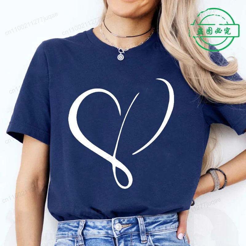 Women Love Heart Design T-Shirts Fashion Casual Short Sleeve.