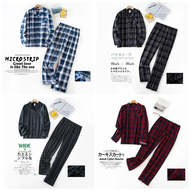 Men's Long Sleeve Plaid Velvet Set Autumn Winter Pajamas.