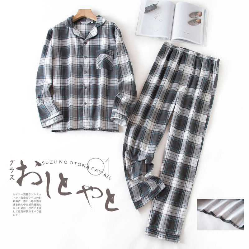 Men's Long Sleeve Plaid Velvet Set Autumn Winter Pajamas.