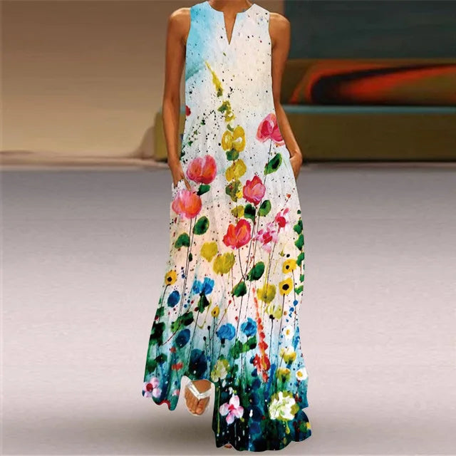 3D Floral Printed Dress Summer Vintage V-neck Sleeveless Loose Maxi Dress Elegant.