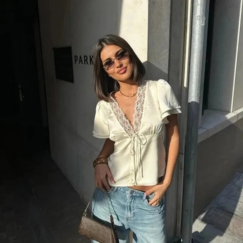 Lace Patchwork Women ‘s Shirts V Neck Hollow Out Short Sleeve.