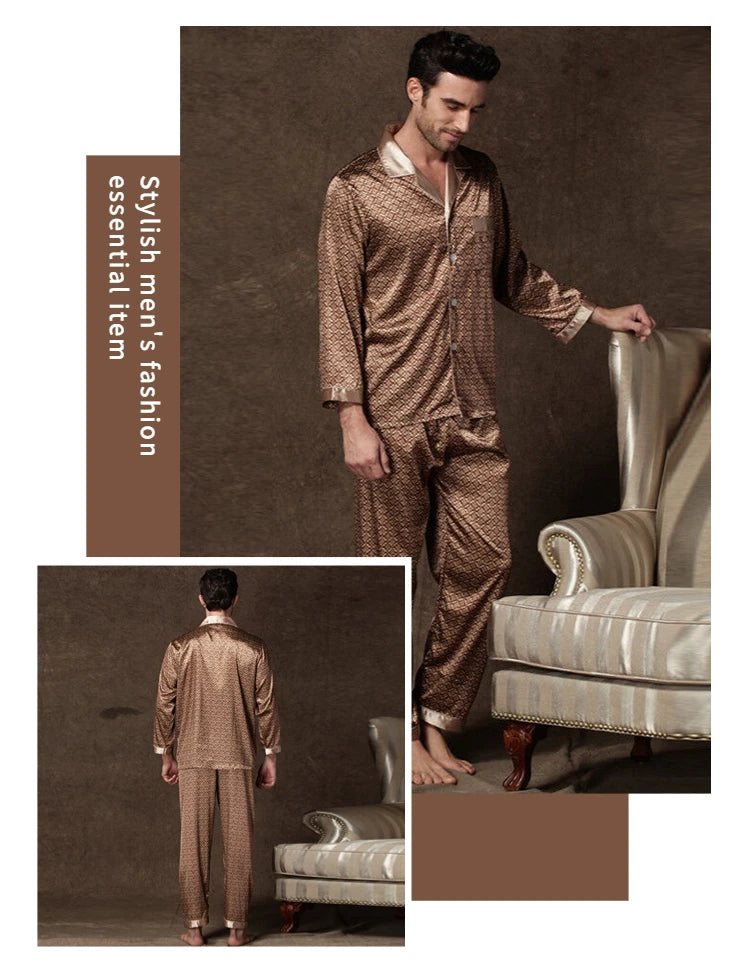 High Quality Pajamas Set Men Spring Autumn Thin Polyester Ice Silk Long-sleeved Sleepwear.