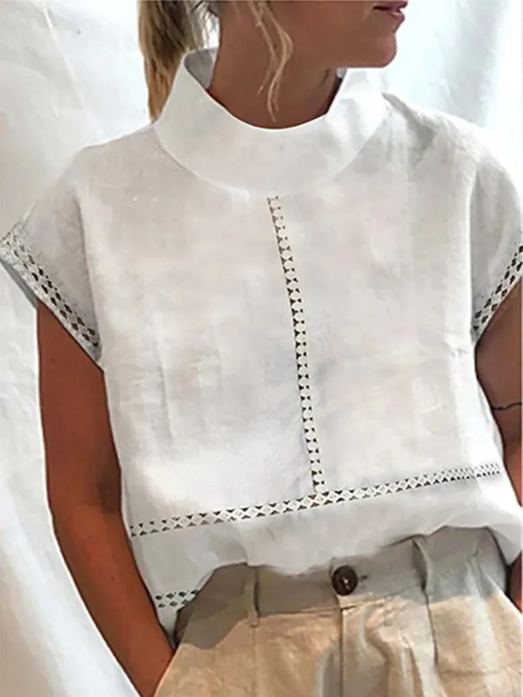 White Cotton Linen Summer Women Blouse Shirt Elegant.