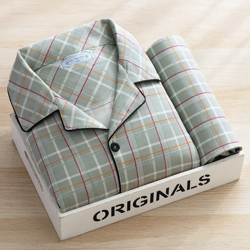 Men Pyjamas Fall and Winter Plaid Simple Sleepwear Homewear.