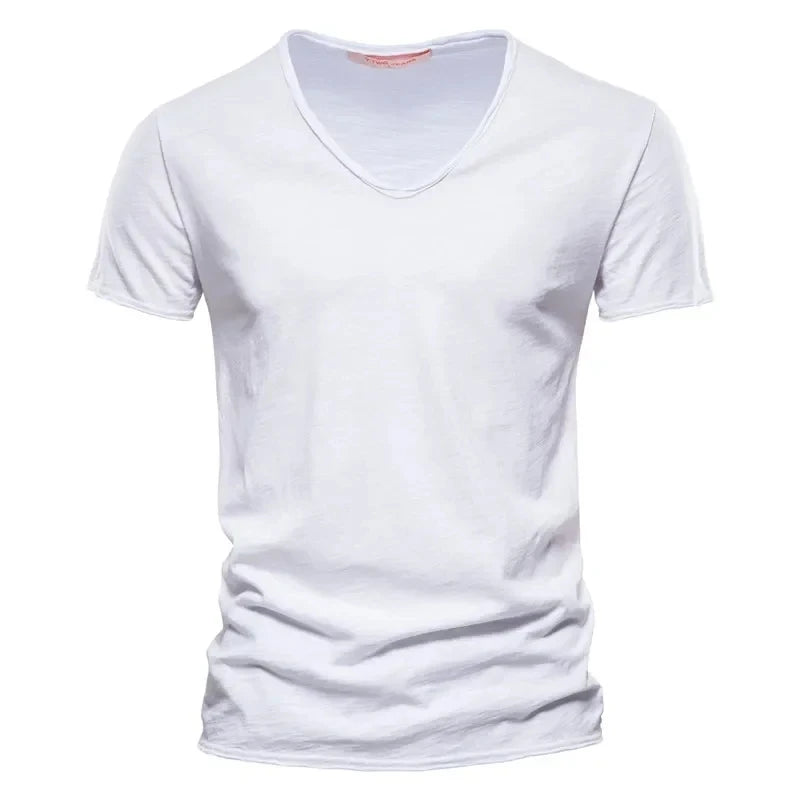 Spring Summer Cotton T Shirts Men Simple VNeck Stretch.