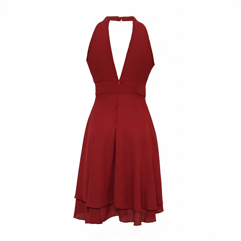Women’s Elegant Dress Summer Solid High Waist Halter Sleeveless Midi Dresses.