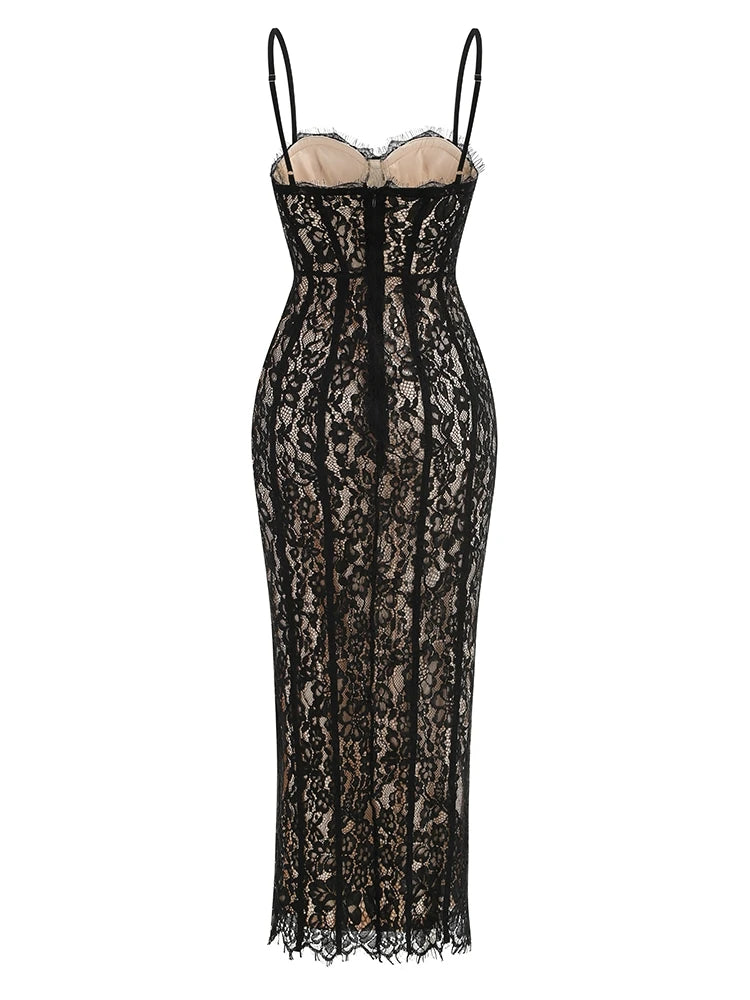 Sexy Spaghetti Strap V Neck Lace Long Dress Women.